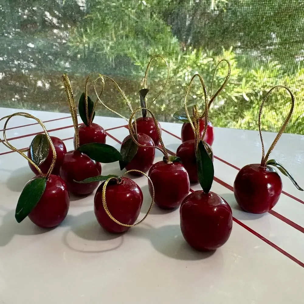 Set of 12 Wooden Apple Mini Christmas Ornaments Red Holiday Decor